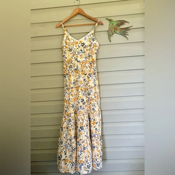 JOIE Floral cotton tiered Maxi Dress yellow & gray boho coastal cowgirl Sz 6 EUC - Picture 6 of 16
